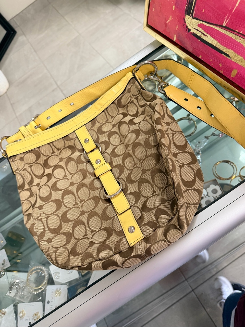 Coach Brown Signature Hobo with Yellow Leather Trim